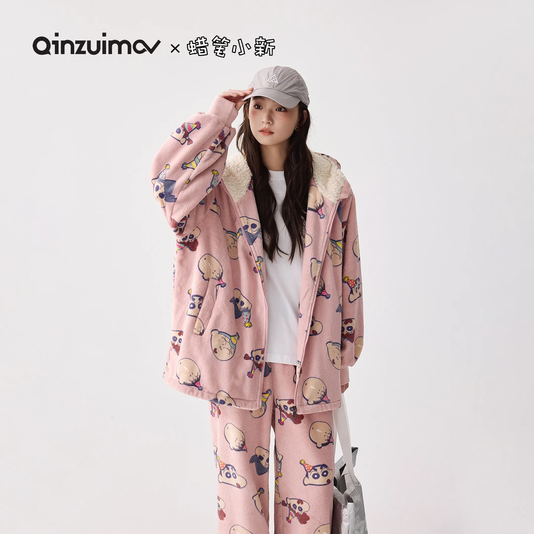 毛茸茸礼物亲嘴猫【蜡笔小新】法兰绒可外穿保暖睡衣家居服套装秋冬