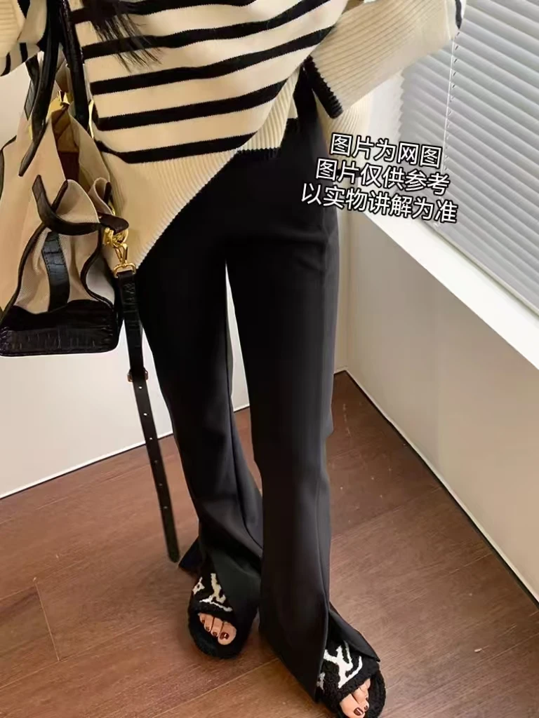 微胖大码女装2025春季新款设计感高腰开叉微喇裤