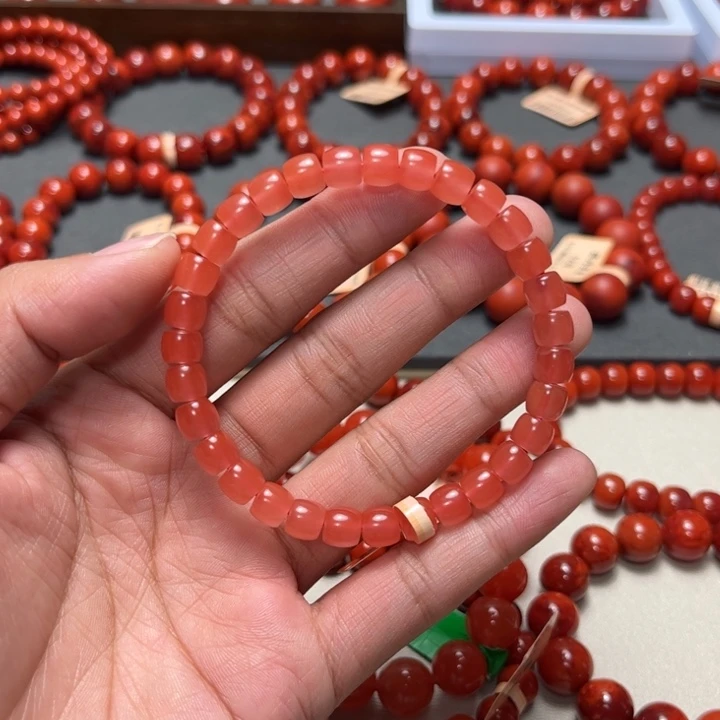 南红玛瑙未镶嵌手串6+mm樱桃粉直切手串