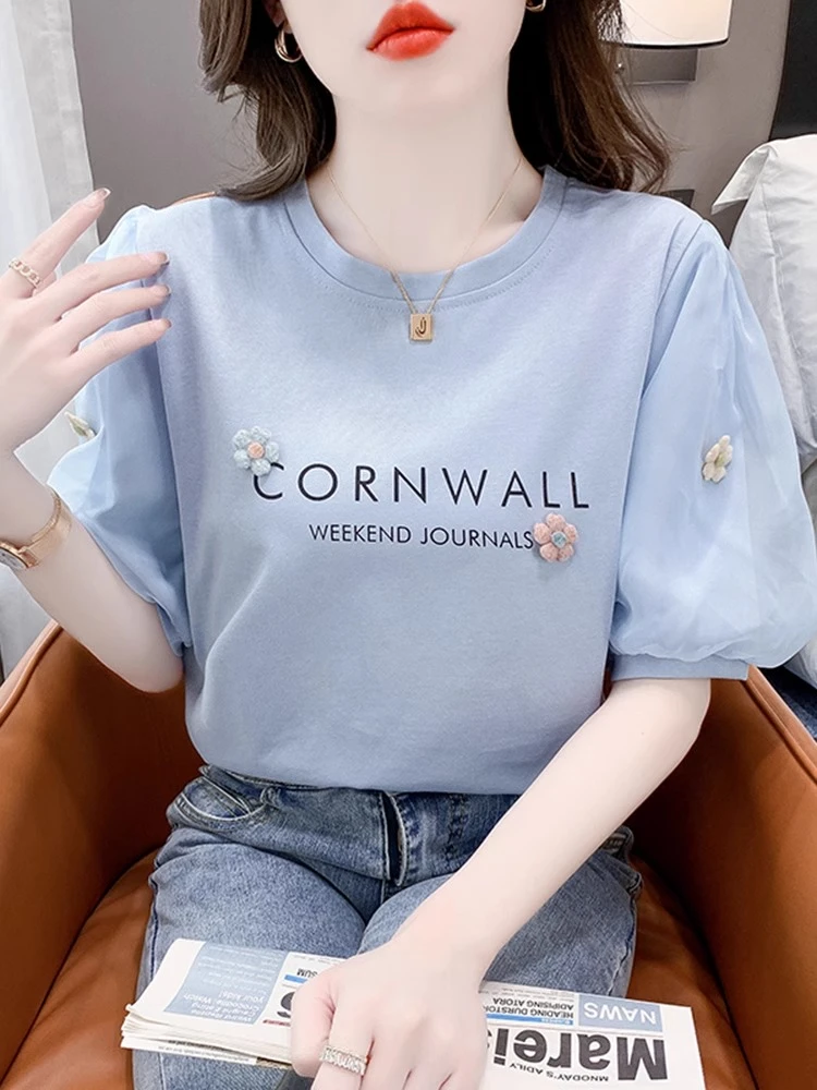显瘦T恤女短袖夏季2025新款爆款宽松正肩设计感纱网泡泡袖上衣服