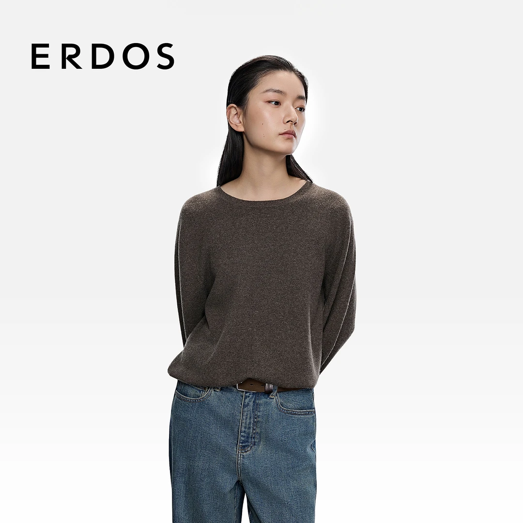 ERDOS 粉末咖啡宽松纯绒女落肩套衫【晨雾雪松】25年早秋新品