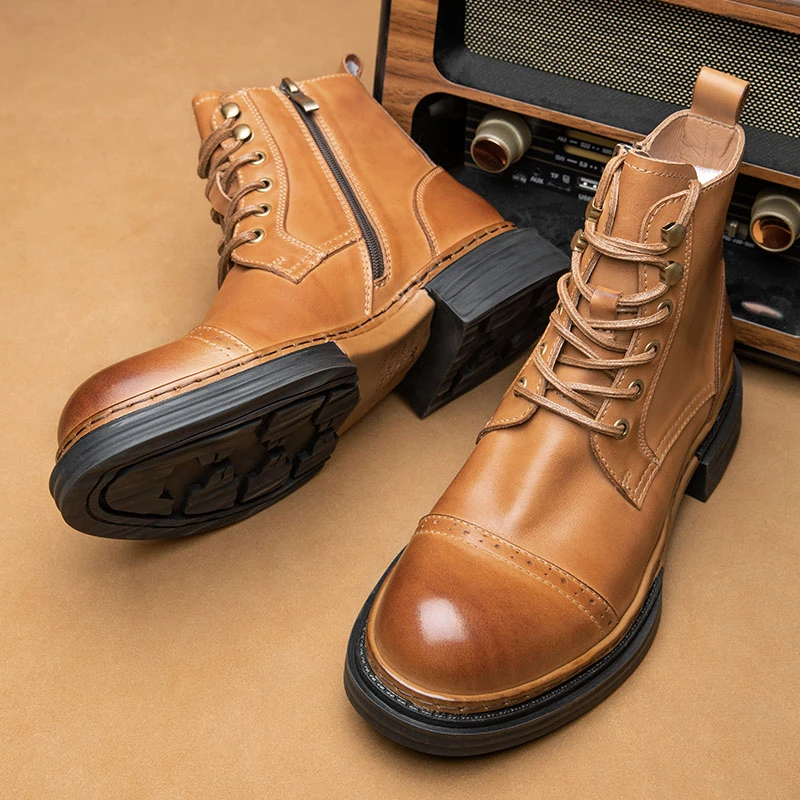 新款秋冬款厚底工装靴牛皮机车靴拉链英伦复古真皮马丁靴中帮