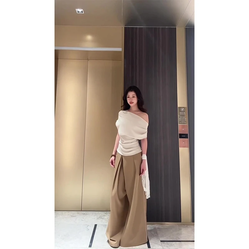 韩系时尚不规则斜肩短袖t恤女夏季高级感小众百搭掐腰设计感上衣