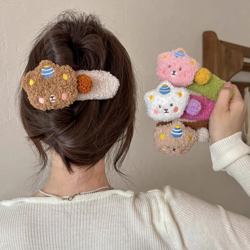 可爱毛绒小熊发夹女生后脑勺盘发一字鸭嘴夹秋冬大号发卡夹子头饰