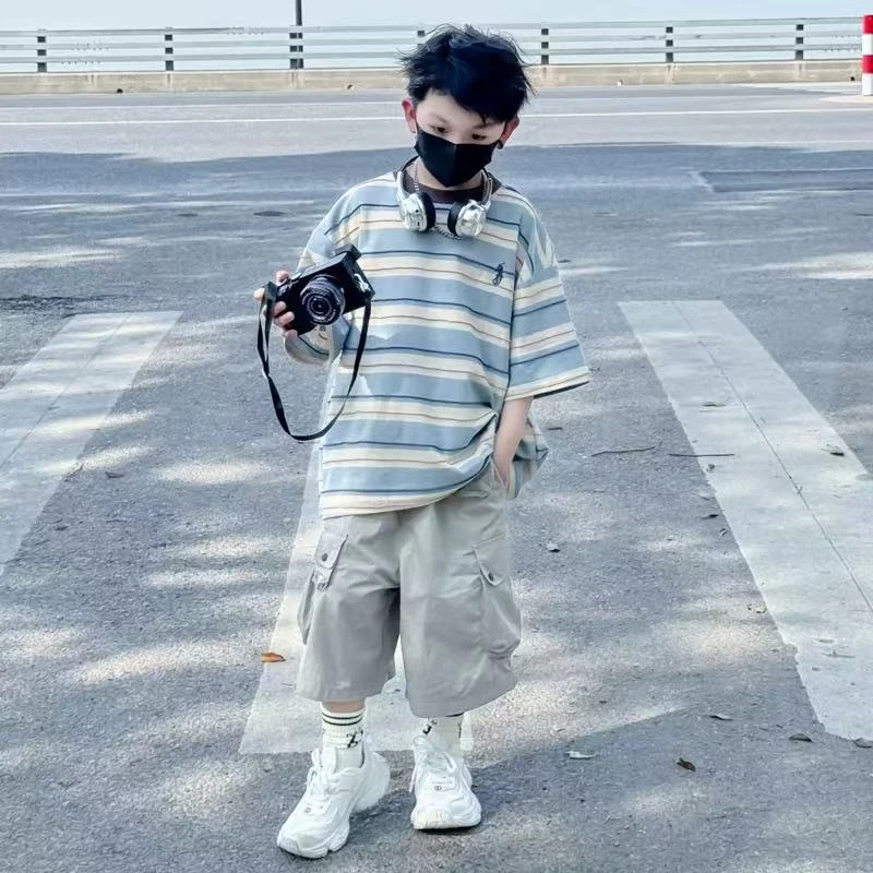 502775 男童T恤2025新款短袖条纹洋气上衣夏季中大童休闲韩版半袖