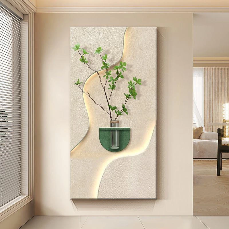 奶油风入户玄关装饰画走廊过道尽头高级感水培绿植挂画带灯发光画