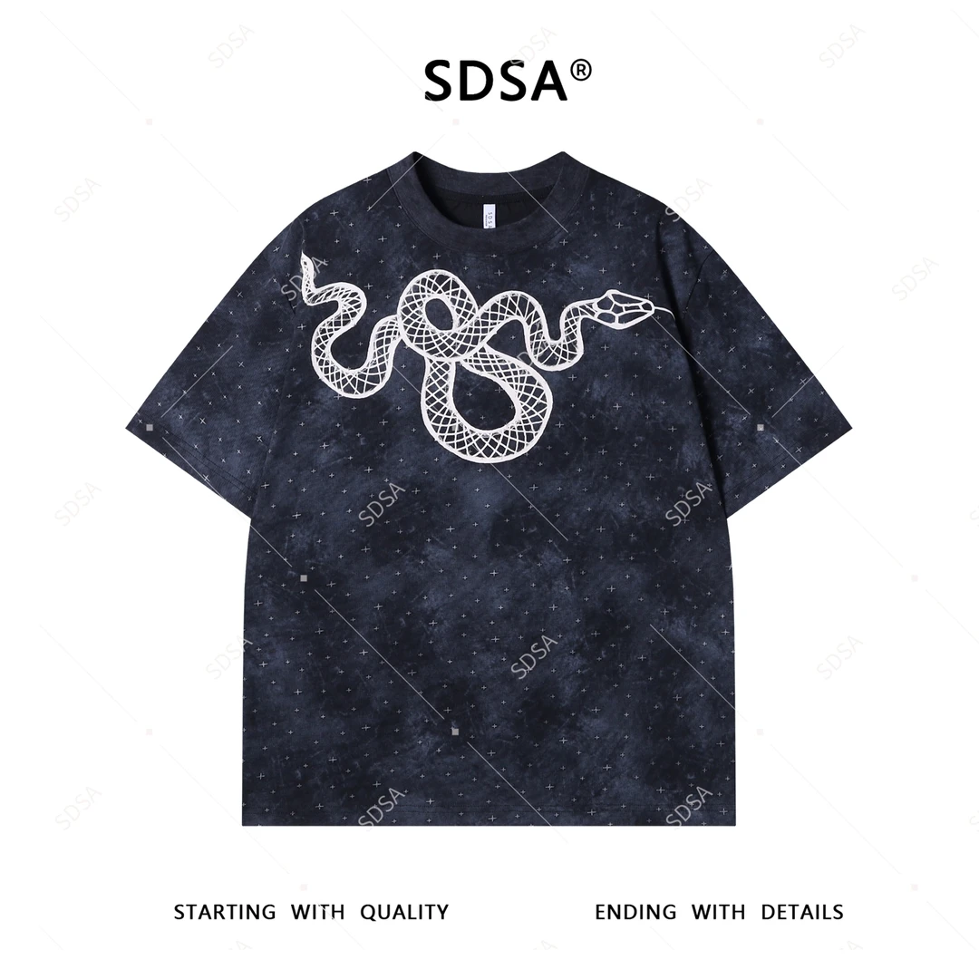 SDSA夏季新款男士痞帅立体十字胶印花蛇设计圆领短袖T恤简约时尚