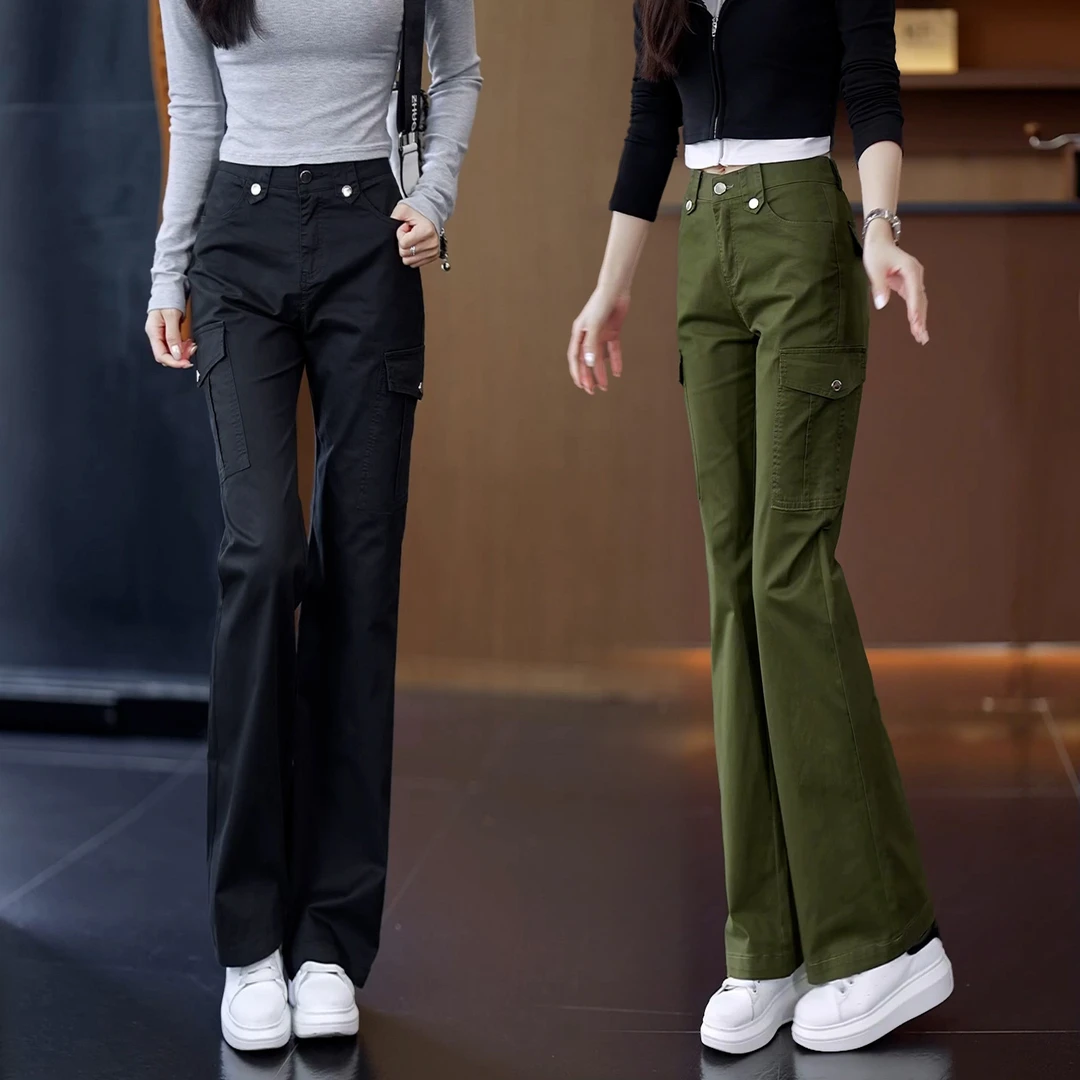 秋季时尚高腰工装裤宽松显瘦多口袋小个子喇叭休闲裤美式户外女款