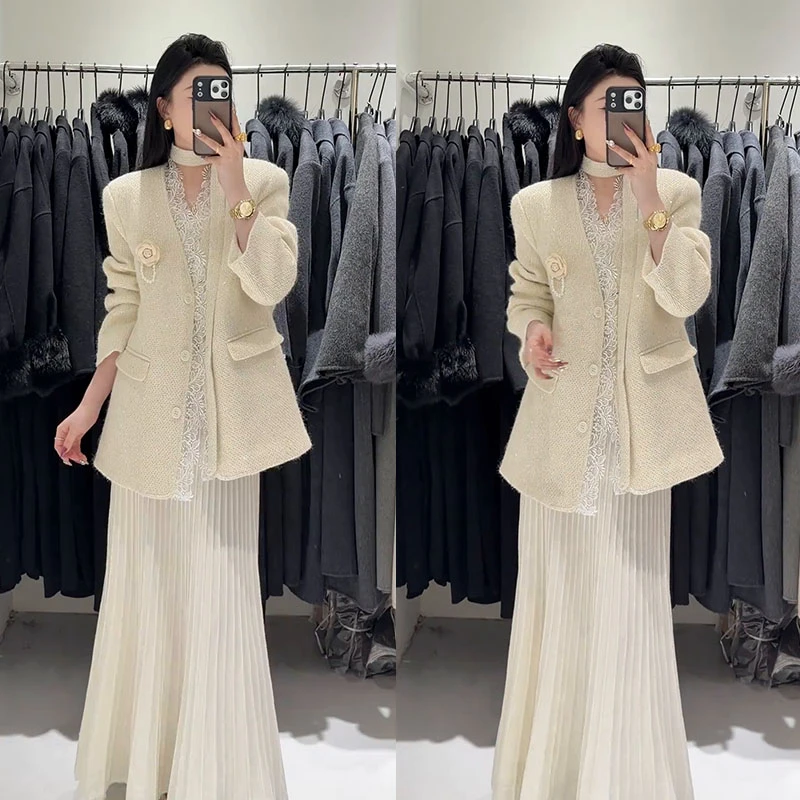 流行穿搭一整套2025新款小香风气质蕾丝拼接开衫洋气百褶裙两件套