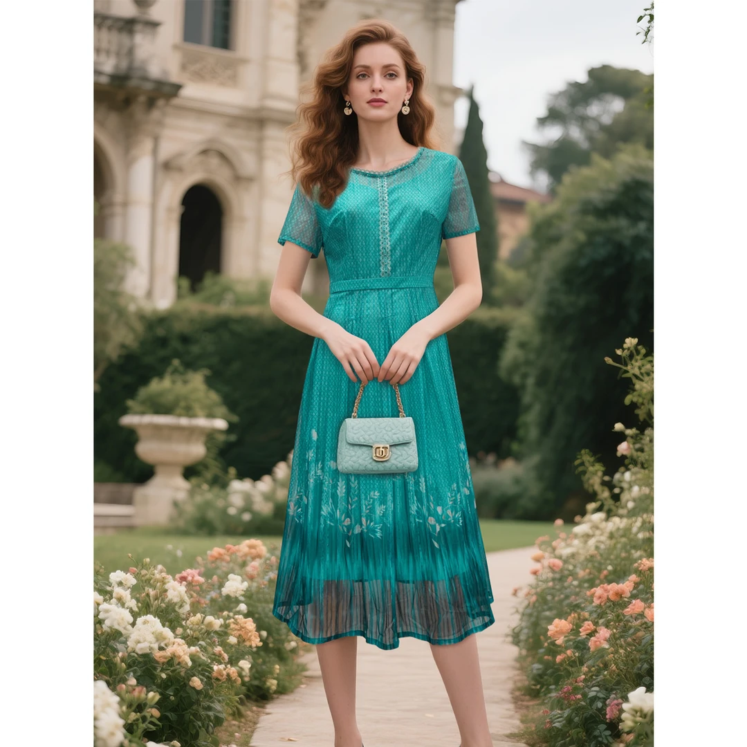 夏季短袖套头侧边拉链A字裙显瘦连衣裙优雅中长款妈妈装-66904