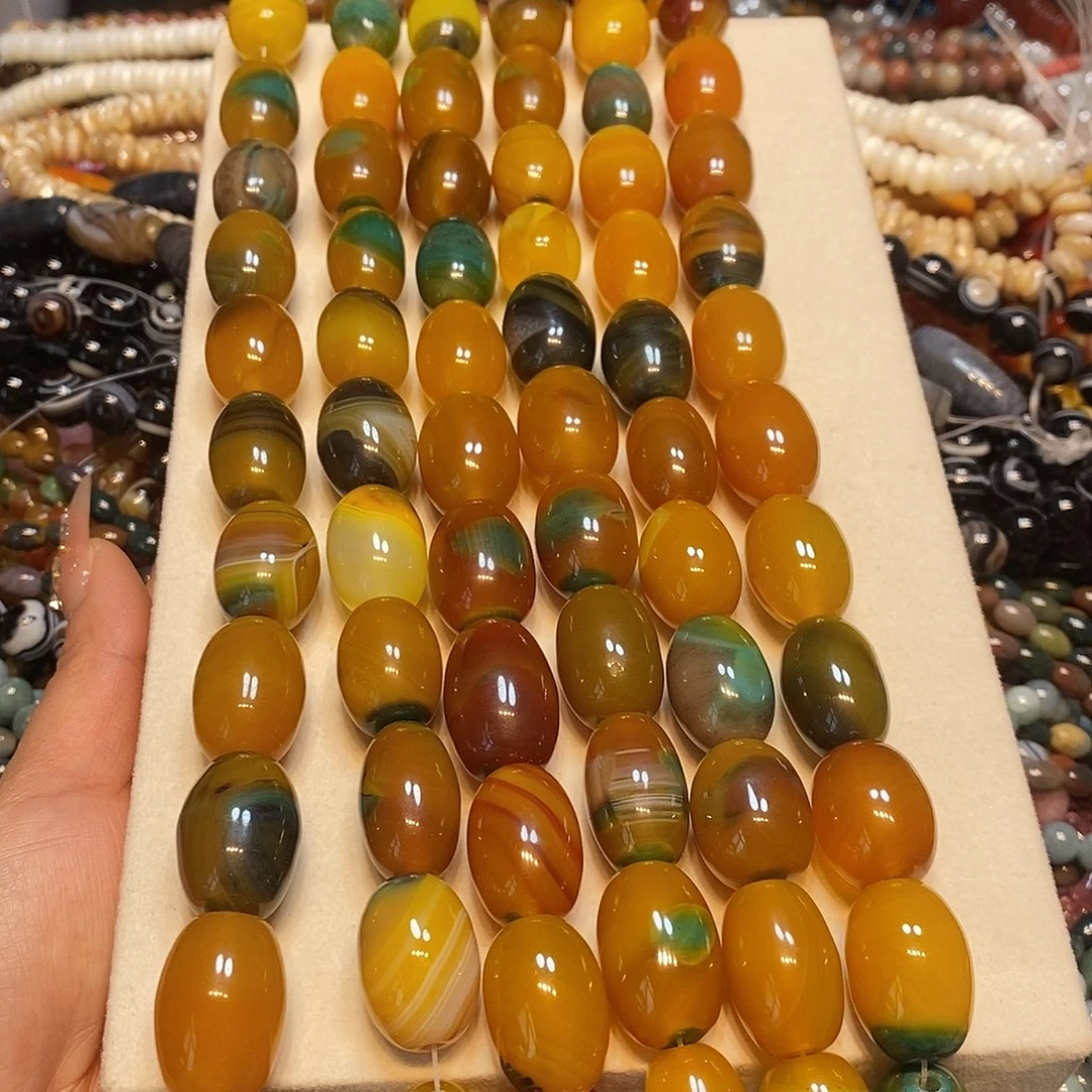 玛瑙/玉髓未镶嵌珠宝半成品黄绿玛瑙蛋珠一条大孔16✖️22mm
