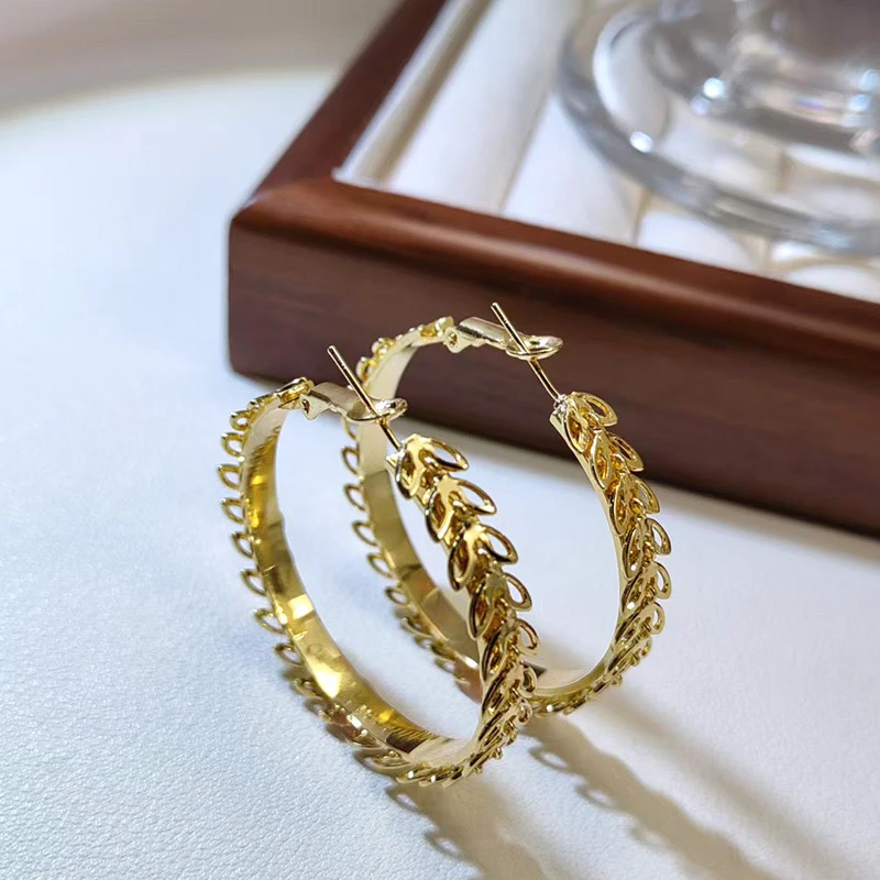 铜合金耳饰 精品/新品夸张麦穗大圆形几何耳环潮流小众树叶女耳圈