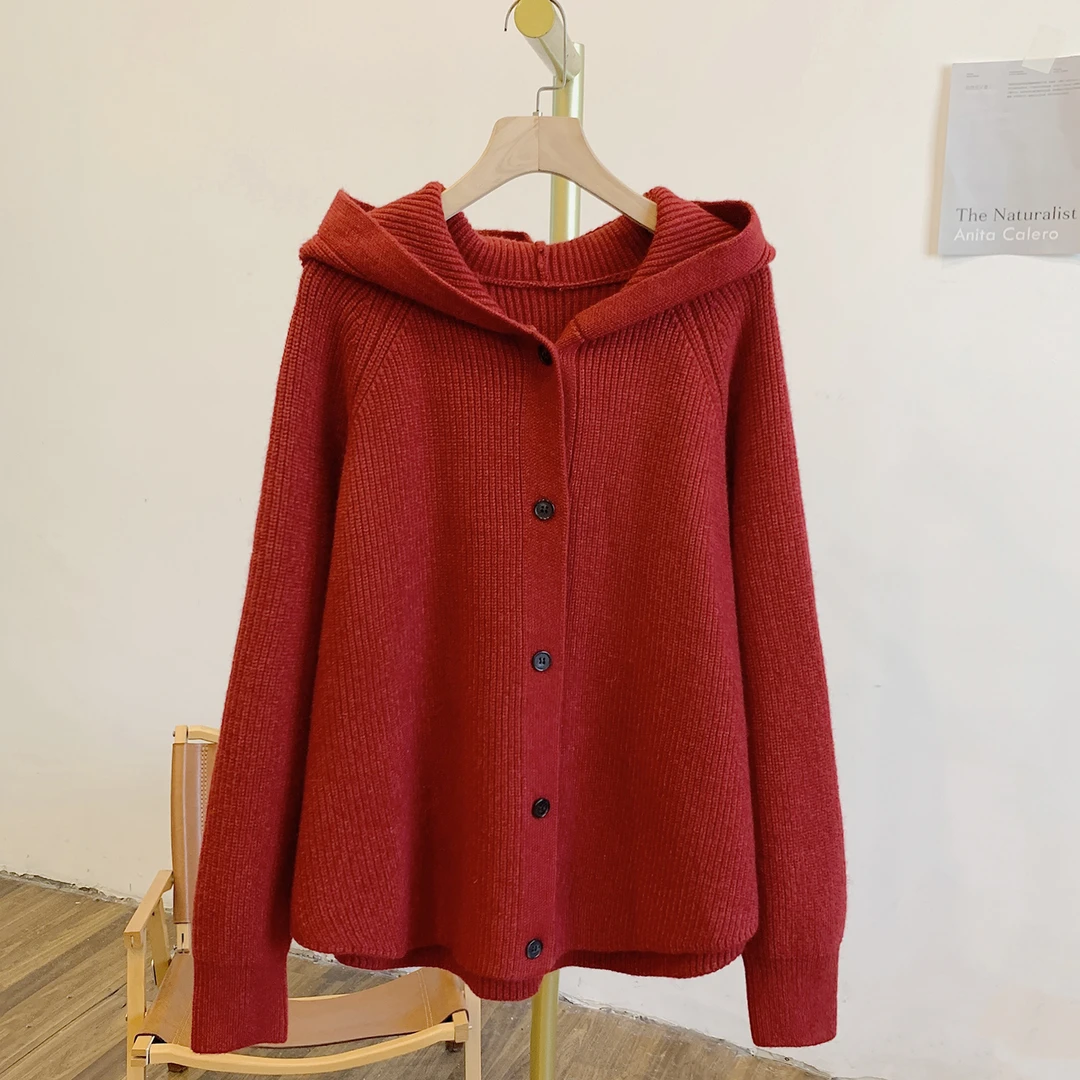 小红帽C4867纯色连帽针织开衫毛衣