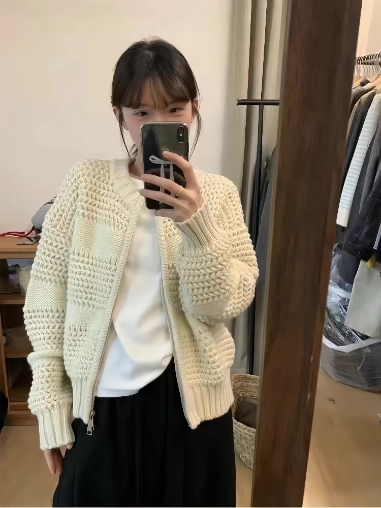 樱子oni韩系秋冬设计感双拉链针织开衫百搭宽松显瘦长袖毛衣外套