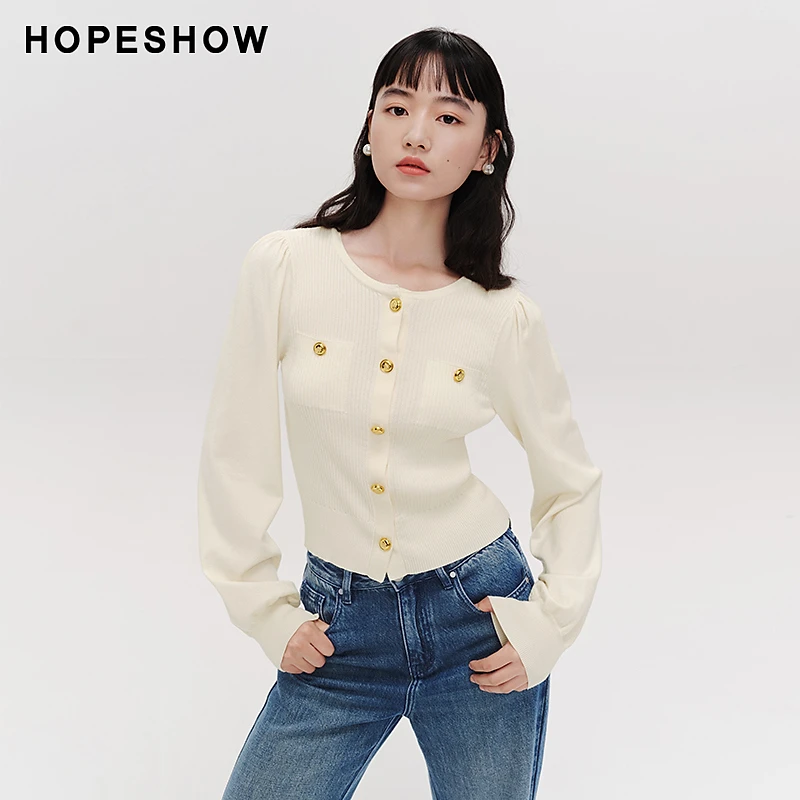 红袖春季2024新款女装 泡泡袖坑条圆领套头针织衫89124010106