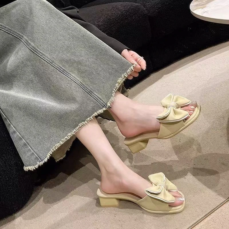 网红韩版粗跟拖鞋女2025夏新款外穿女时尚仙女风蝴蝶结一字凉拖鞋