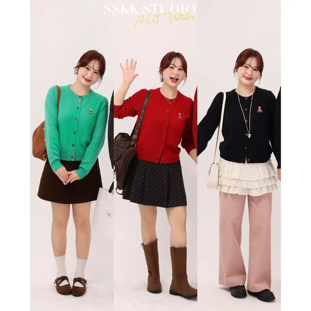 KMZY/KMZY山_山【私心挚爱】微胖韩系减龄卡通刺绣小熊开衫毛织外套