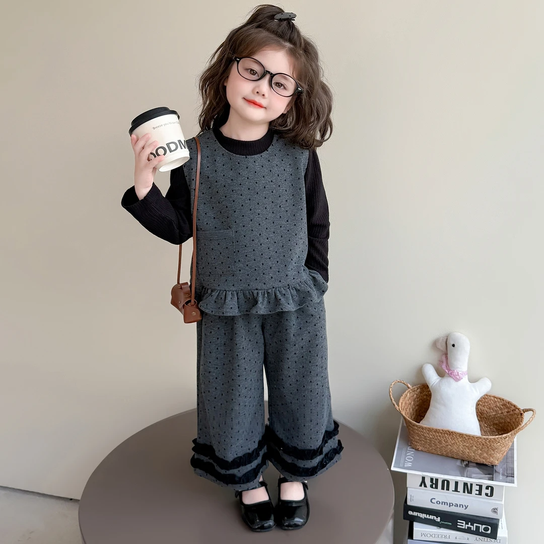 韩版女童秋季套装2025新款儿童时尚小女孩洋气圆点花边裤三件套潮