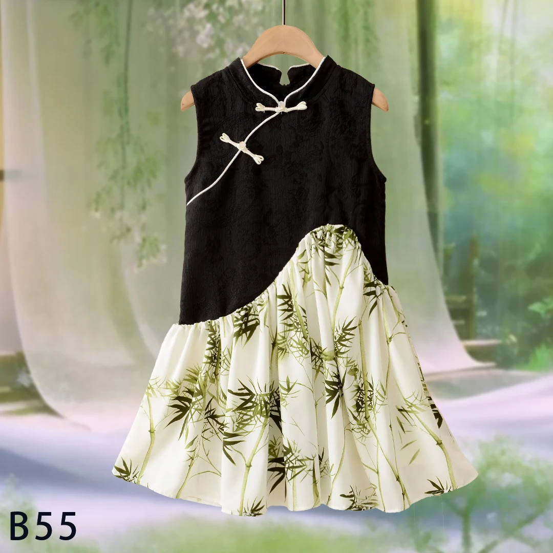 B55黑拼绿竹儿童连衣裙