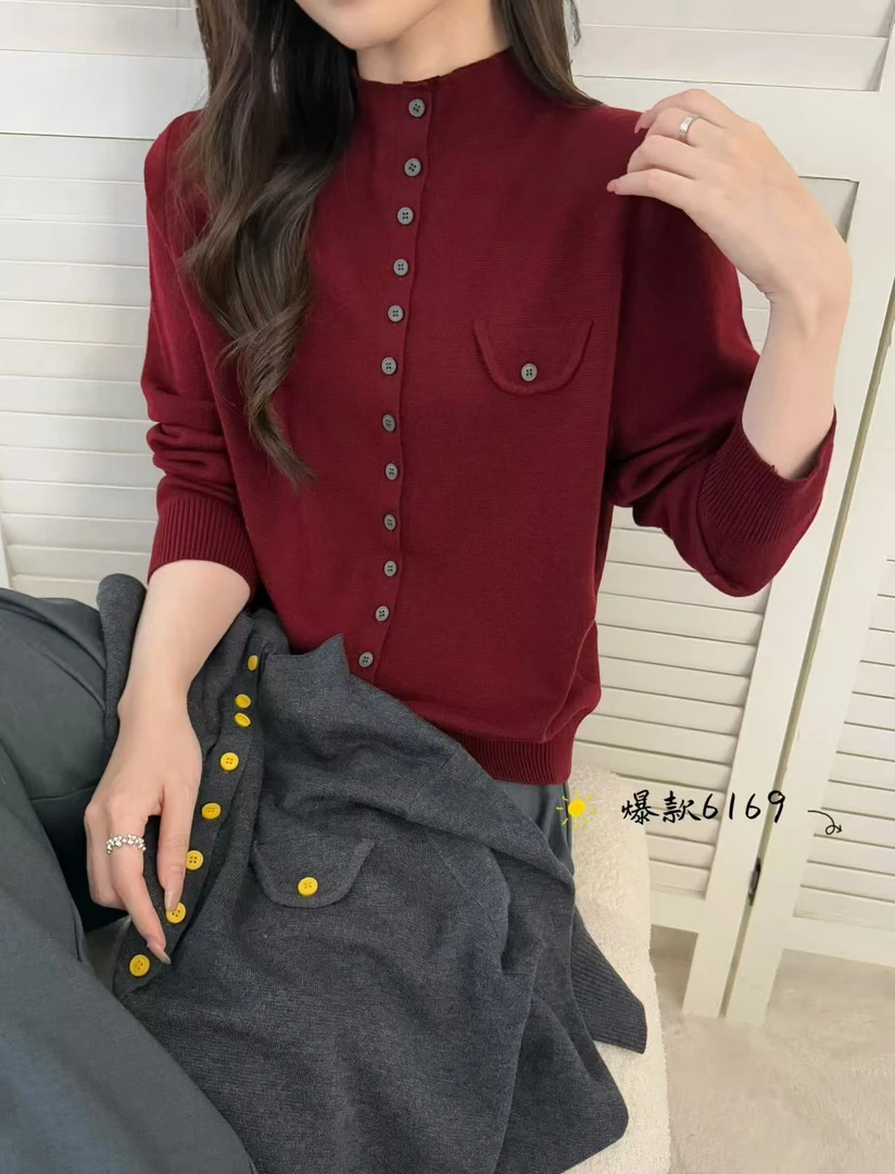 爱舞服饰 秋冬款单排扣单口袋羊毛开衫 6169