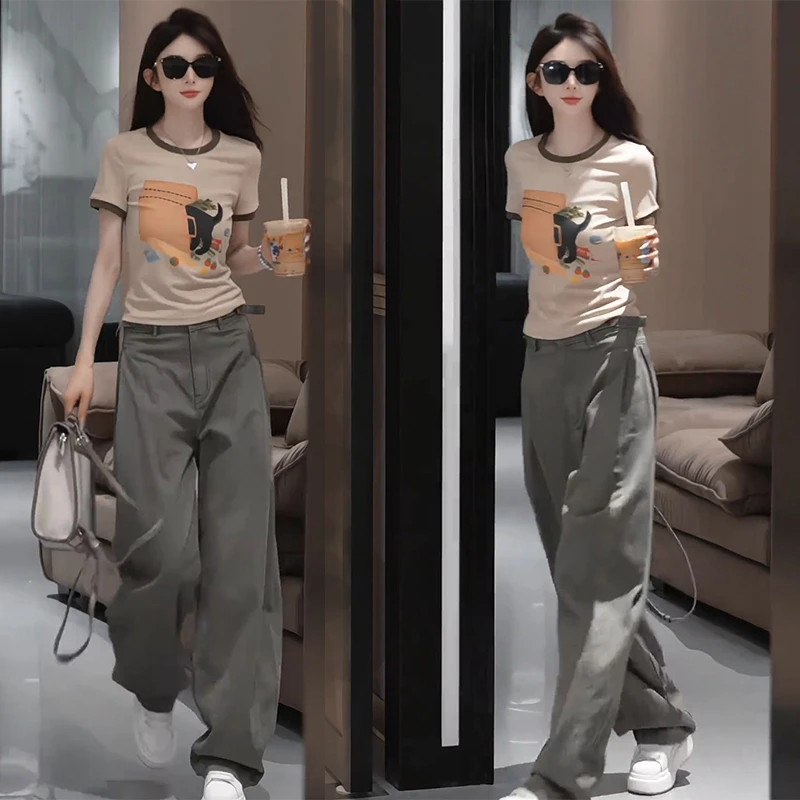 正肩撞色工装风穿搭一整套夏季短袖t恤高腰宽松休闲裤子两件套装