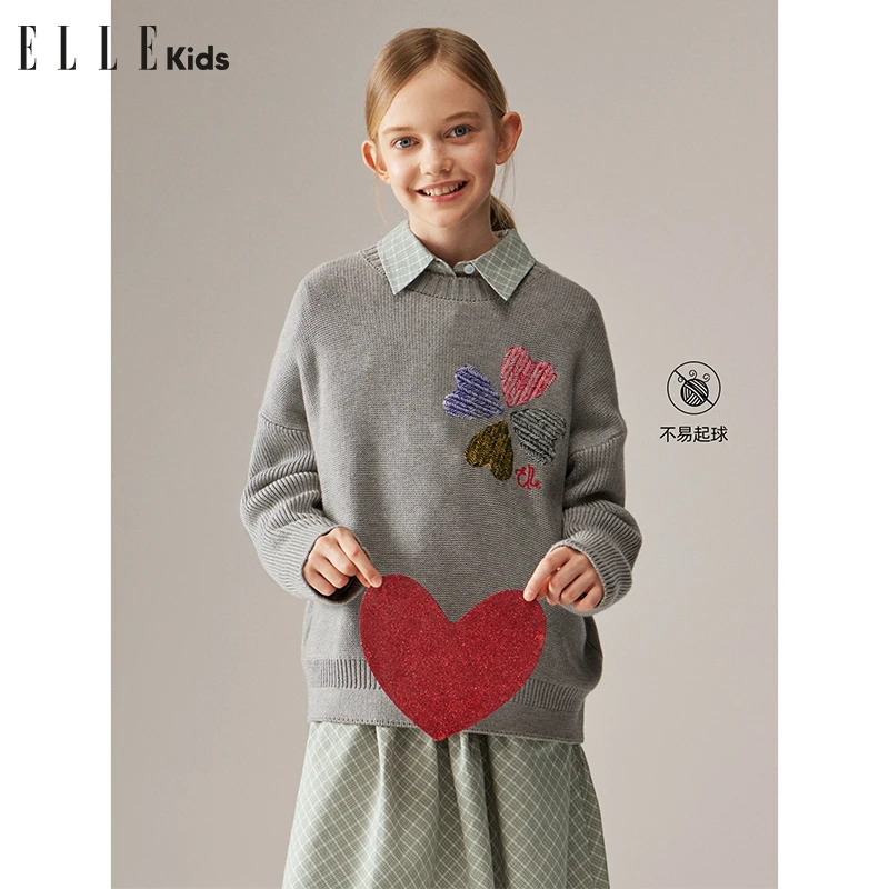 ELLE KIDS 童装幸运四叶草宽松百搭晴棉套头圆领毛衣时尚毛衫Q2