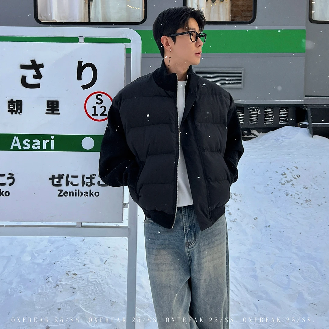 OXFREAK「拼接针织面」老钱风纯色棉服男短款宽松保暖飞行员外套