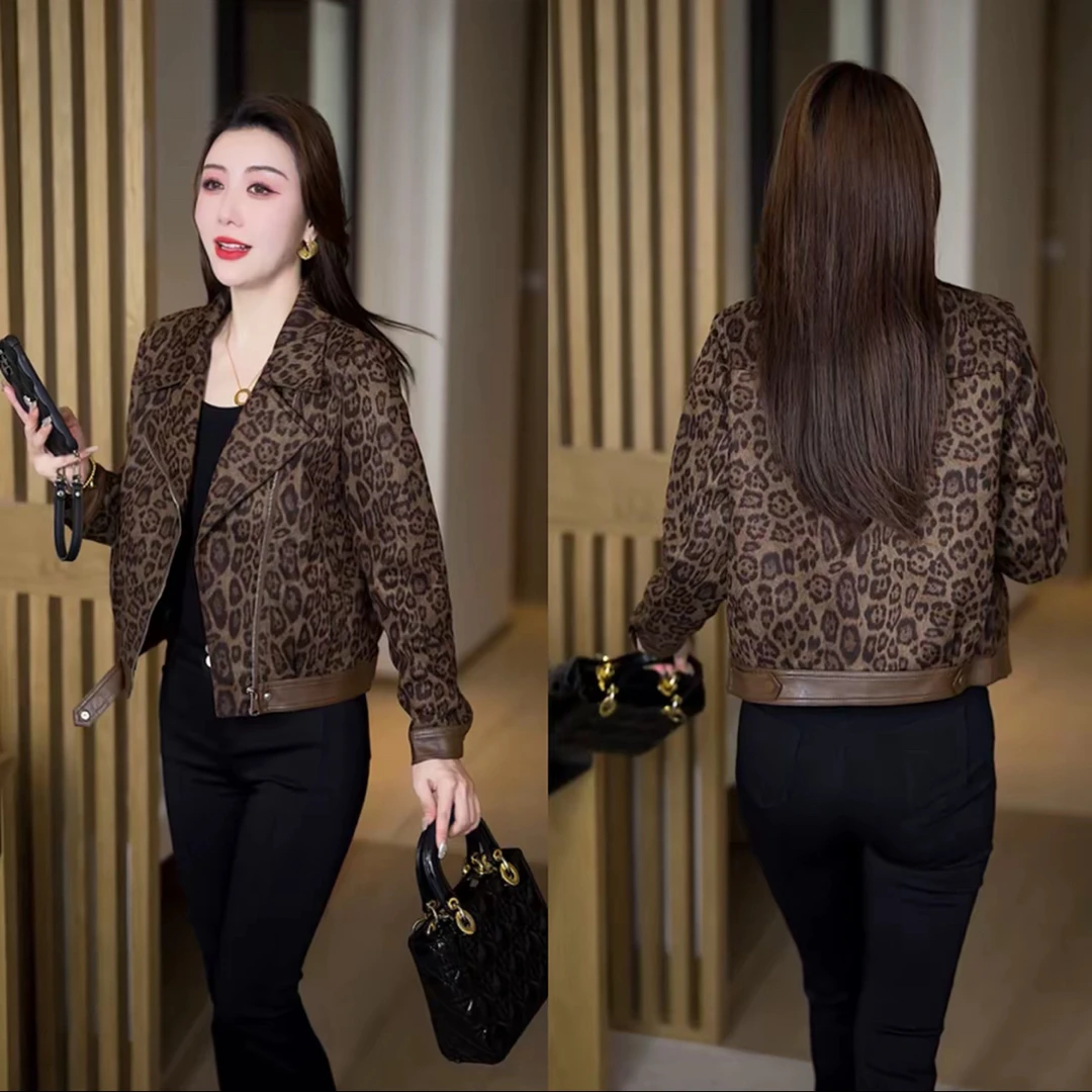2025春秋新款外套复古小个子豹纹上衣休闲百搭显瘦长袖短外套女
