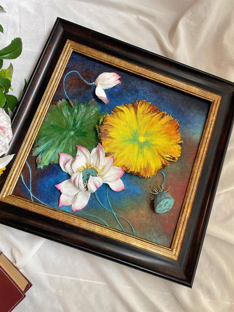 预售 戚然老师原版立体浮雕画 手工装饰画重彩泼彩荷花系数12