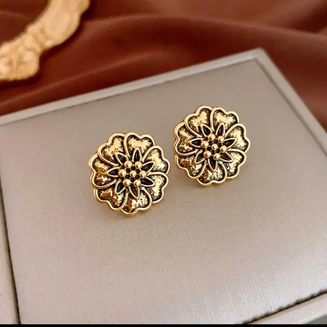 铜合金合成锆石耳饰 铜合金珐琅耳饰 复古风圆形花朵
