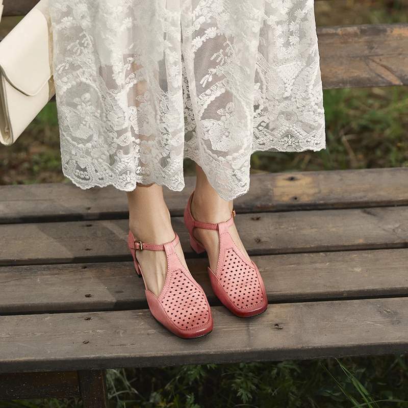 牛皮4公分/夏季镂空百搭透气中跟凉鞋复古软底真皮粗跟舒适女鞋
