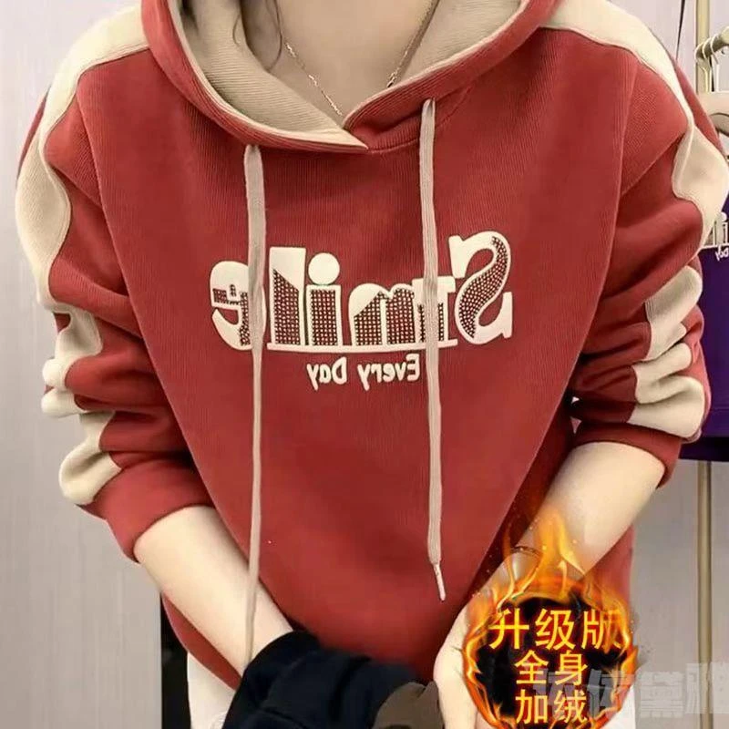 秋冬新款纯棉连帽卫衣女银狐绒加绒加厚休闲字母宽松遮肚显瘦上衣