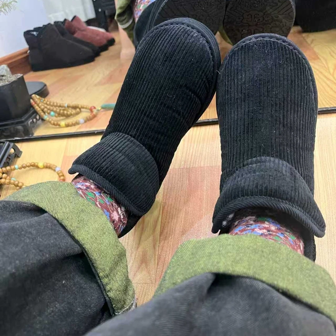 冬季加厚棉花鞋一脚蹬灯芯绒软底轻便舒适黑色保暖女棉鞋雪地靴