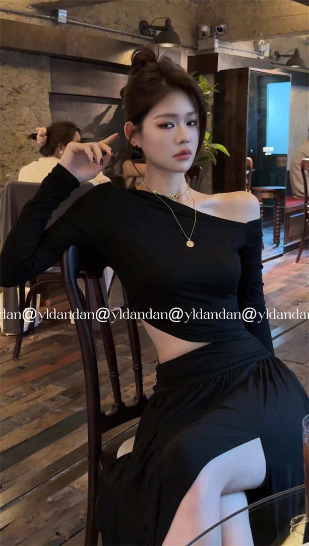 @yldandan|拉雅秘密复古设计意式晚宴贵妇神秘感露腰斜肩连衣裙