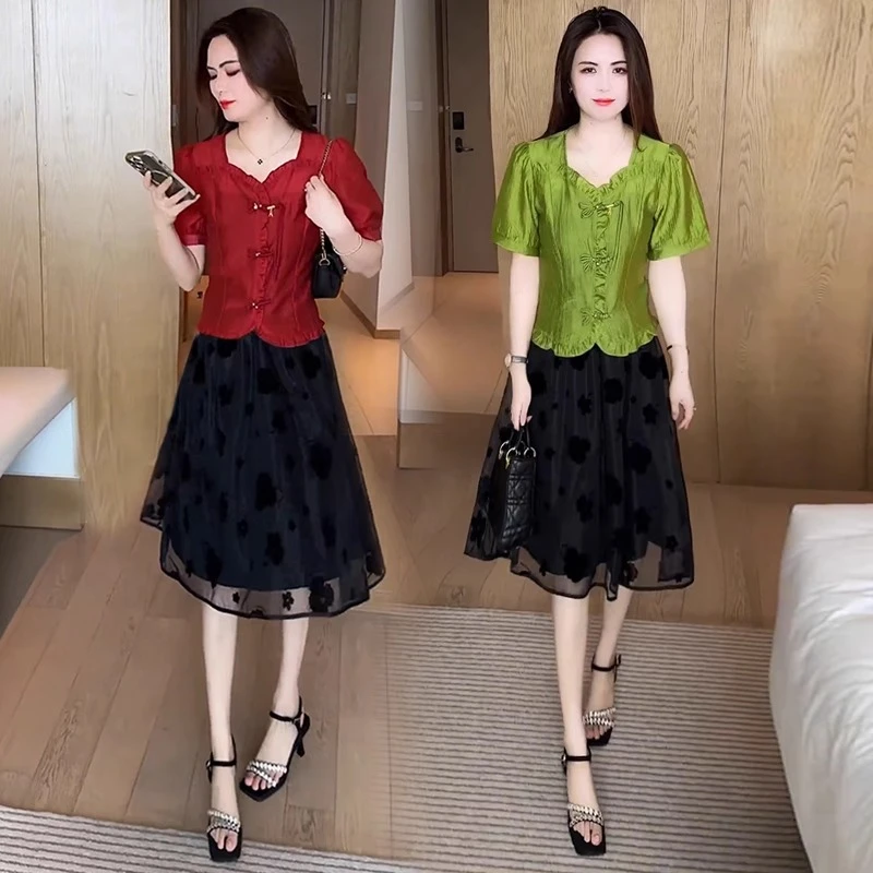 时尚套装夏季气质洋气拼接收腰新中式国风短袖+蕾丝半身裙两件套