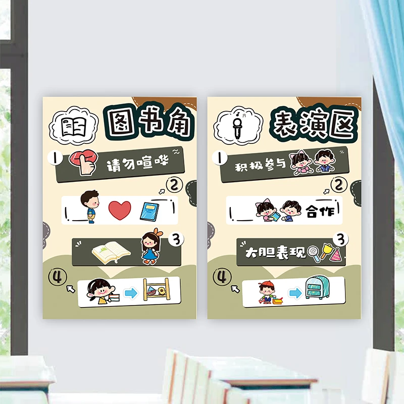 幼儿园环创区角墙贴纸区规则莫兰迪简约风区角牌标识牌布置装饰画