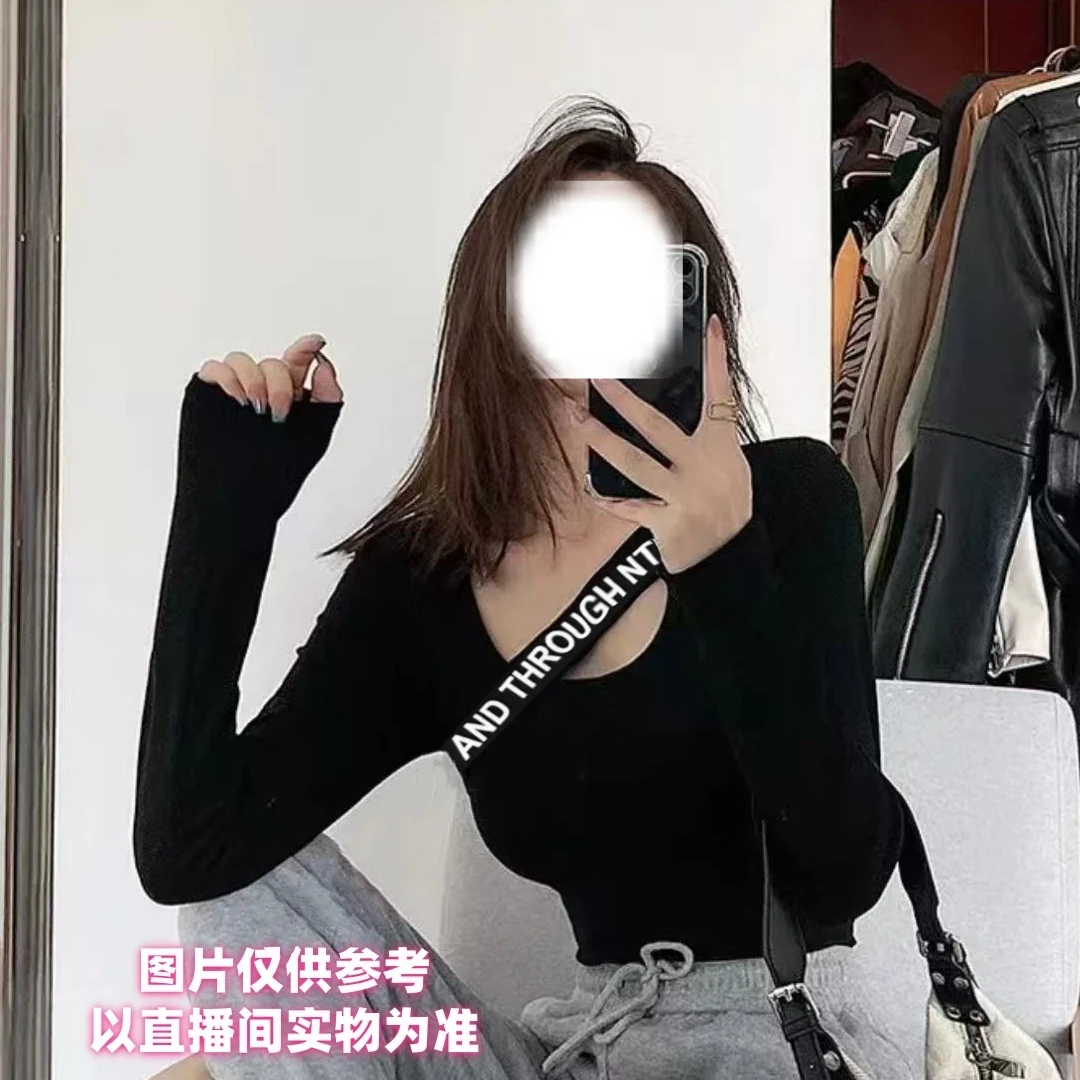 胖汐*字母印花拼接条上衣长袖设计感时尚显瘦高级感百搭