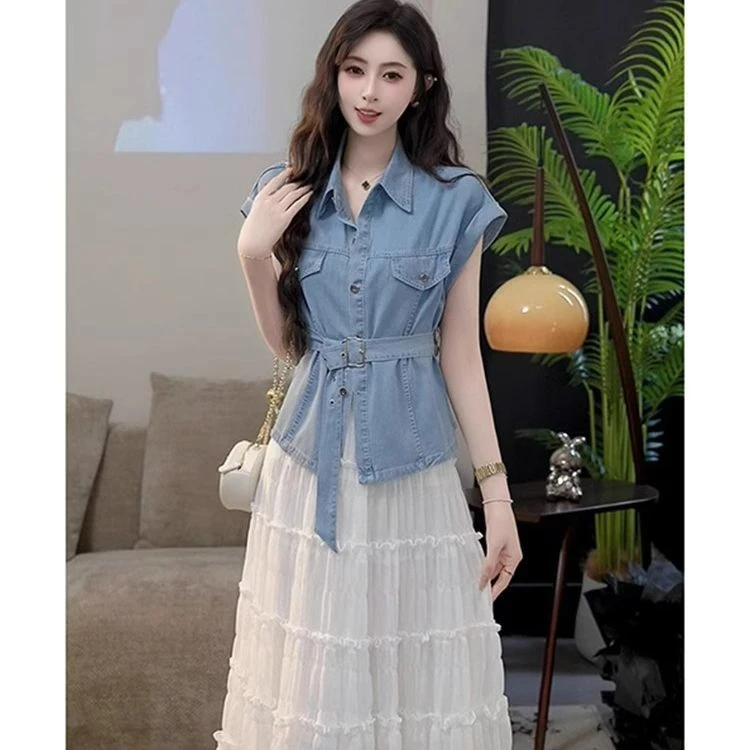 2025夏季新款短袖时尚复古设计感收腰显瘦牛仔衬衫宽松百搭显瘦女