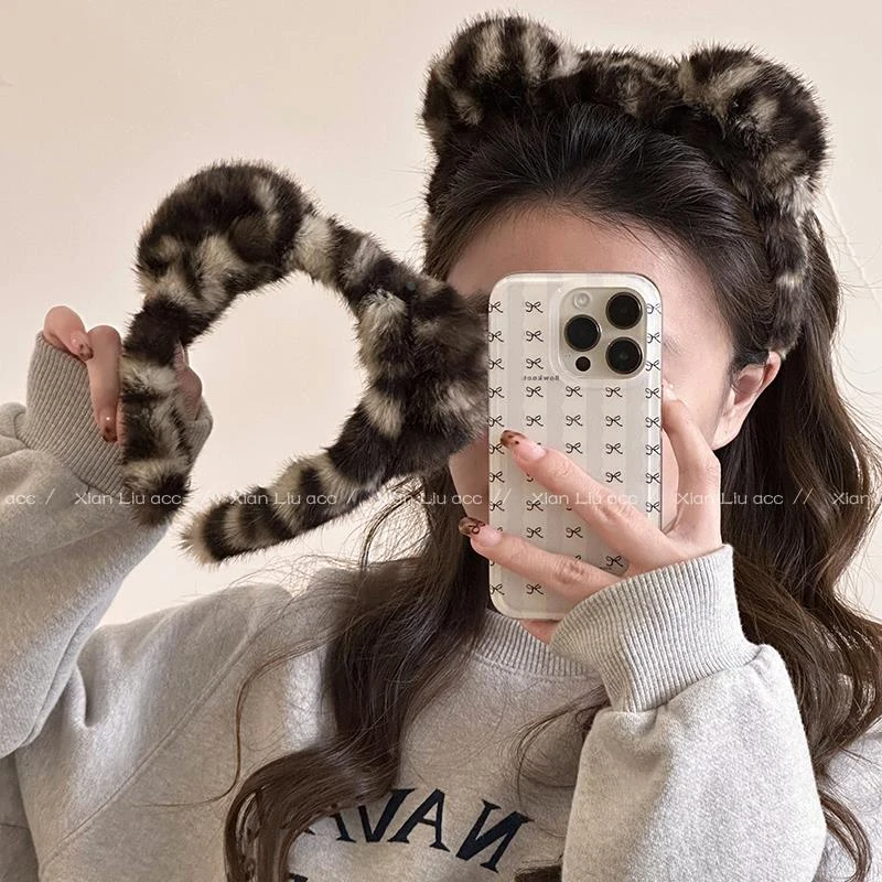 毛绒豹纹小熊耳朵发箍女2025新款可爱日常外戴发卡头箍洗脸头饰