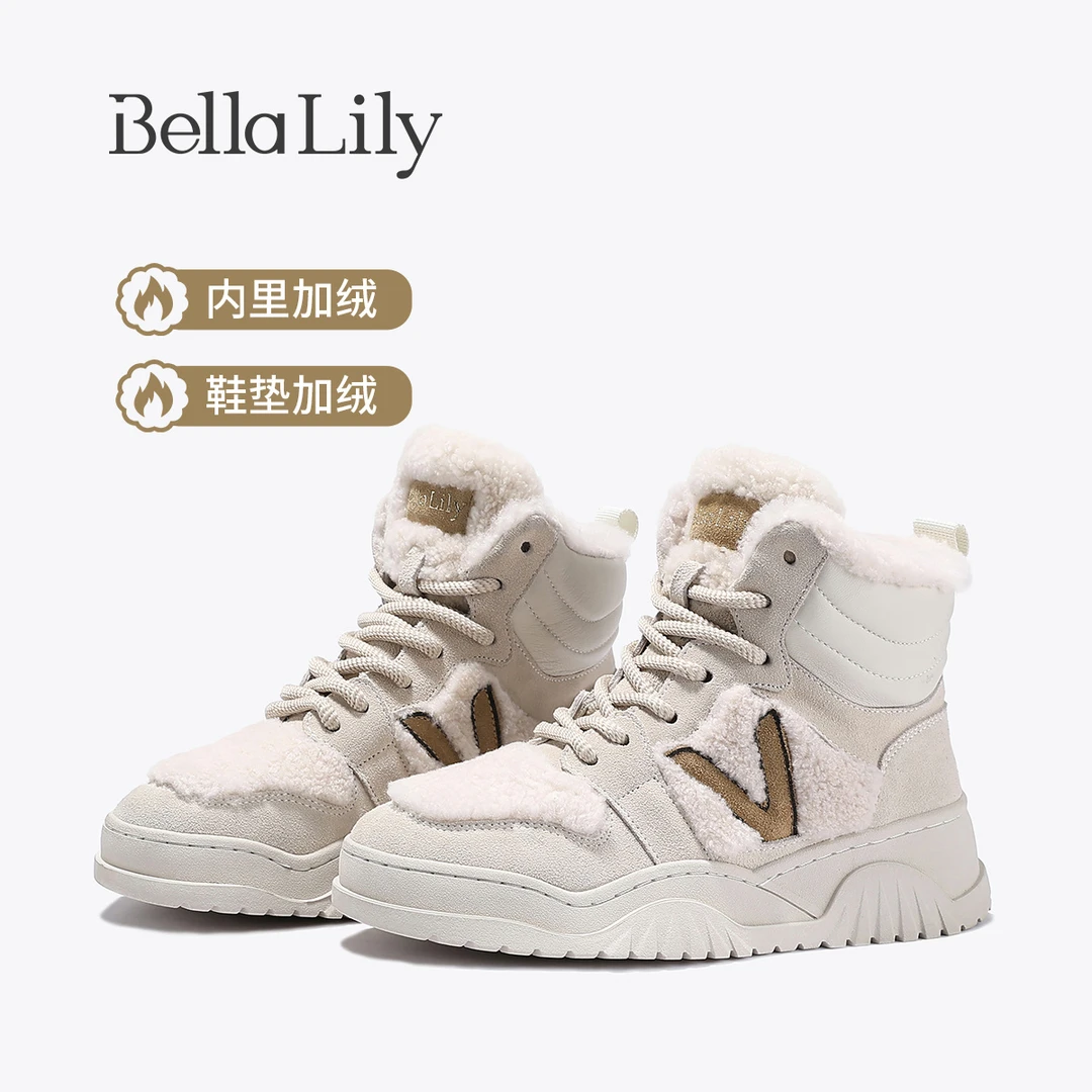 BellaLily2025冬季新款街头风高帮毛毛鞋女时尚厚底板鞋潮鞋