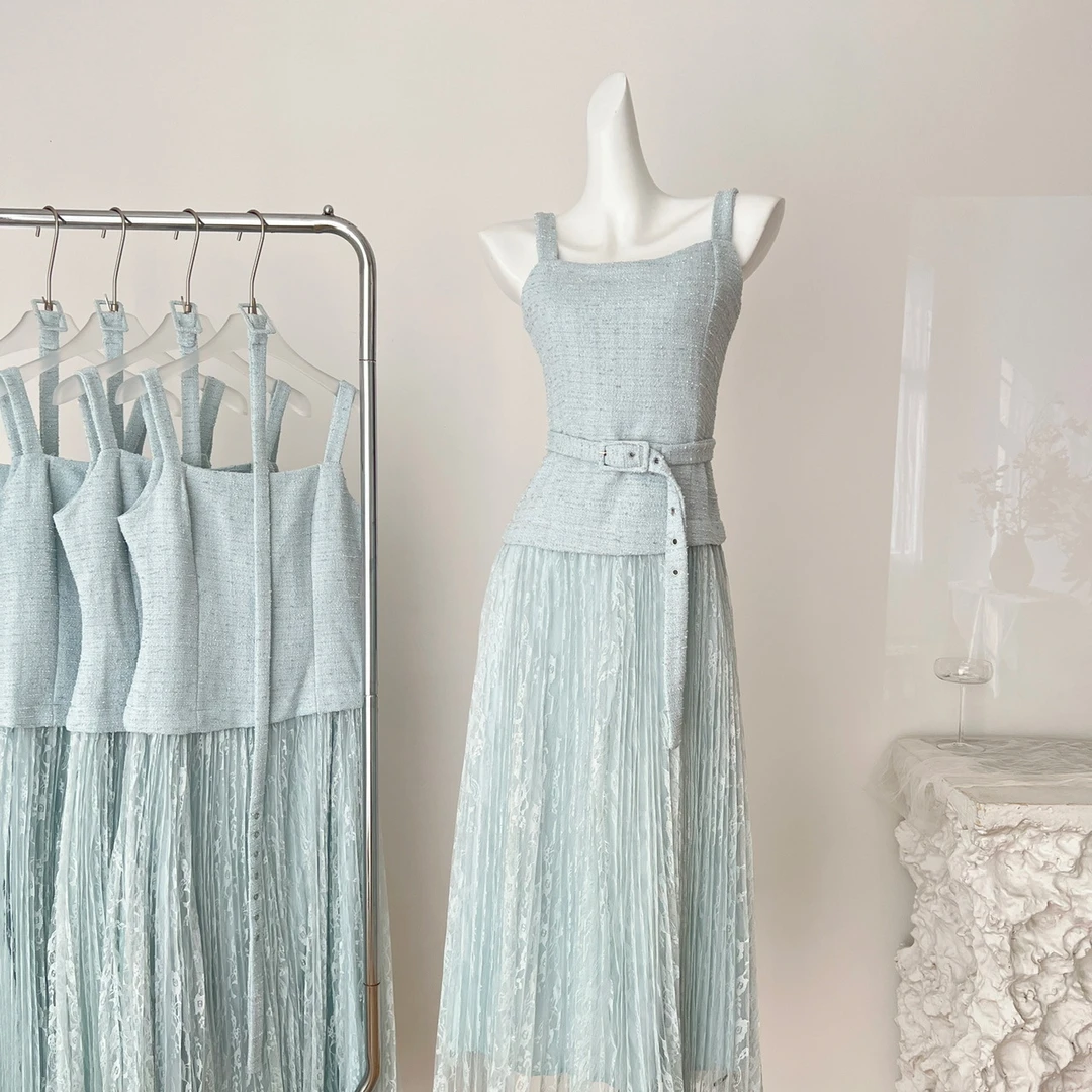 “首尔私家花园” 高级感小香拼接蕾丝背心连衣裙女夏新2025法式