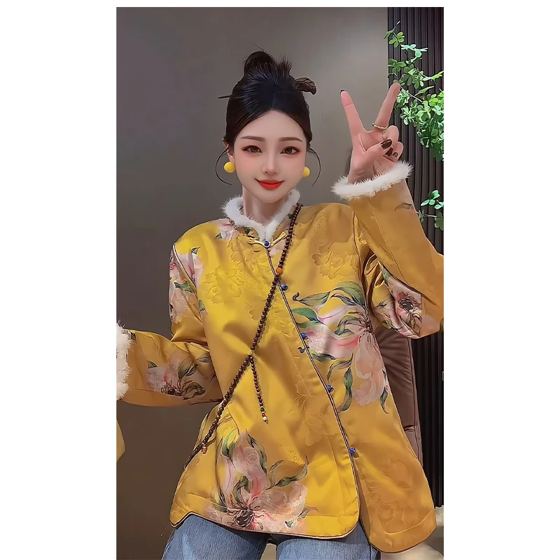 【海棠棉服】国风新中式冬季网红棉袄长袖立领水貂毛棉服棉衣外套女