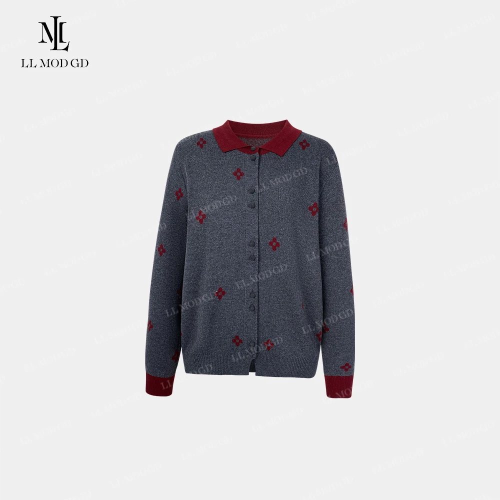 棱织双色 通勤慵懒撞色翻领拼接单排扣绵毛针织开衫YL-6200152