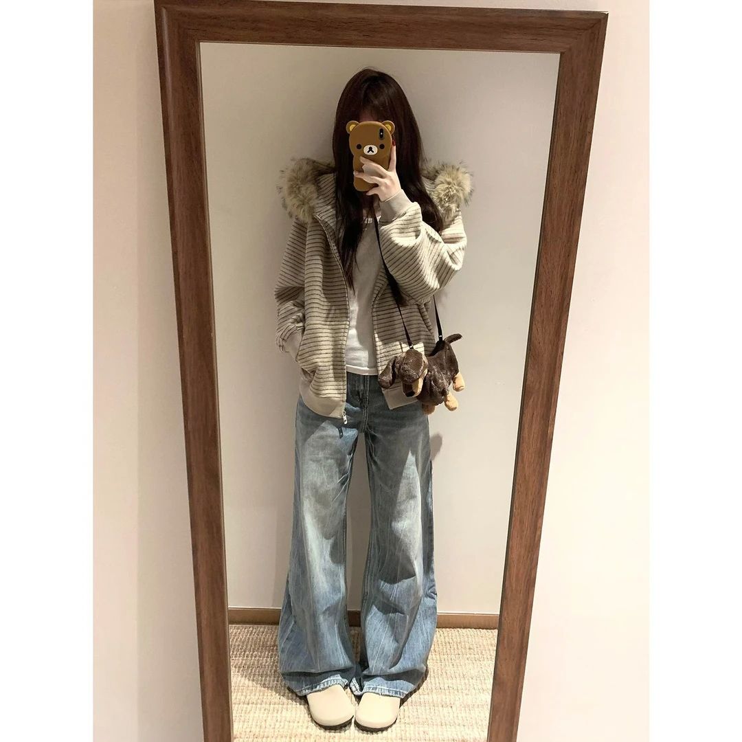 2025新款爆款复古毛领蓬松连帽卫衣男女秋冬宽松加绒加厚开衫外套