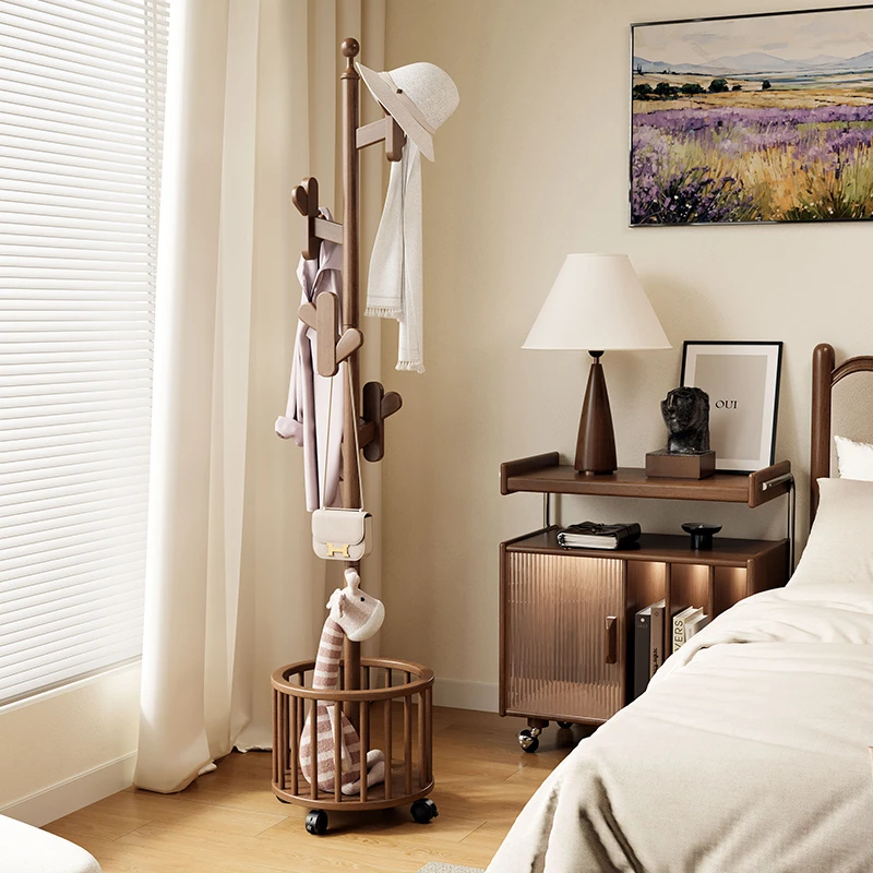 实木衣帽架落地卧室挂衣架子挂架移动脏衣篓家用房间衣服置物架