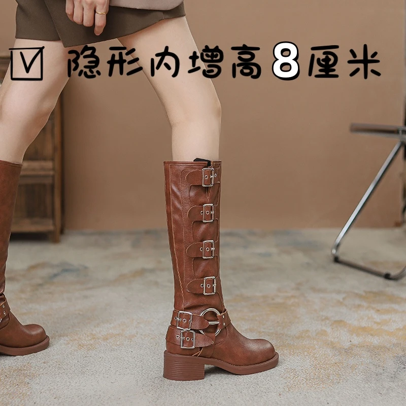 隐形内增高小个子西部牛仔靴女皮带扣粗跟长筒骑士靴美拉德靴子女