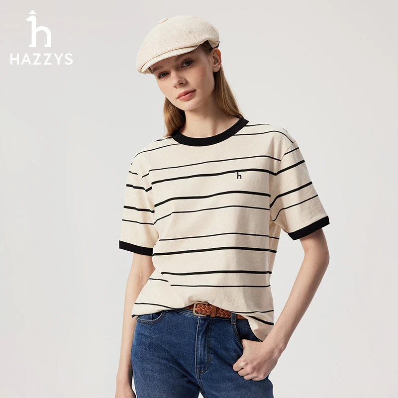【商场同款】Hazzys哈吉斯夏季女士条纹短袖圆领时尚T恤