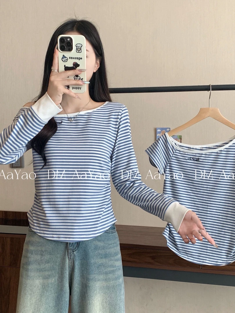 Aayao 2025 Summer 韩系简约气质款斜肩辣妹风条纹短袖T恤3139