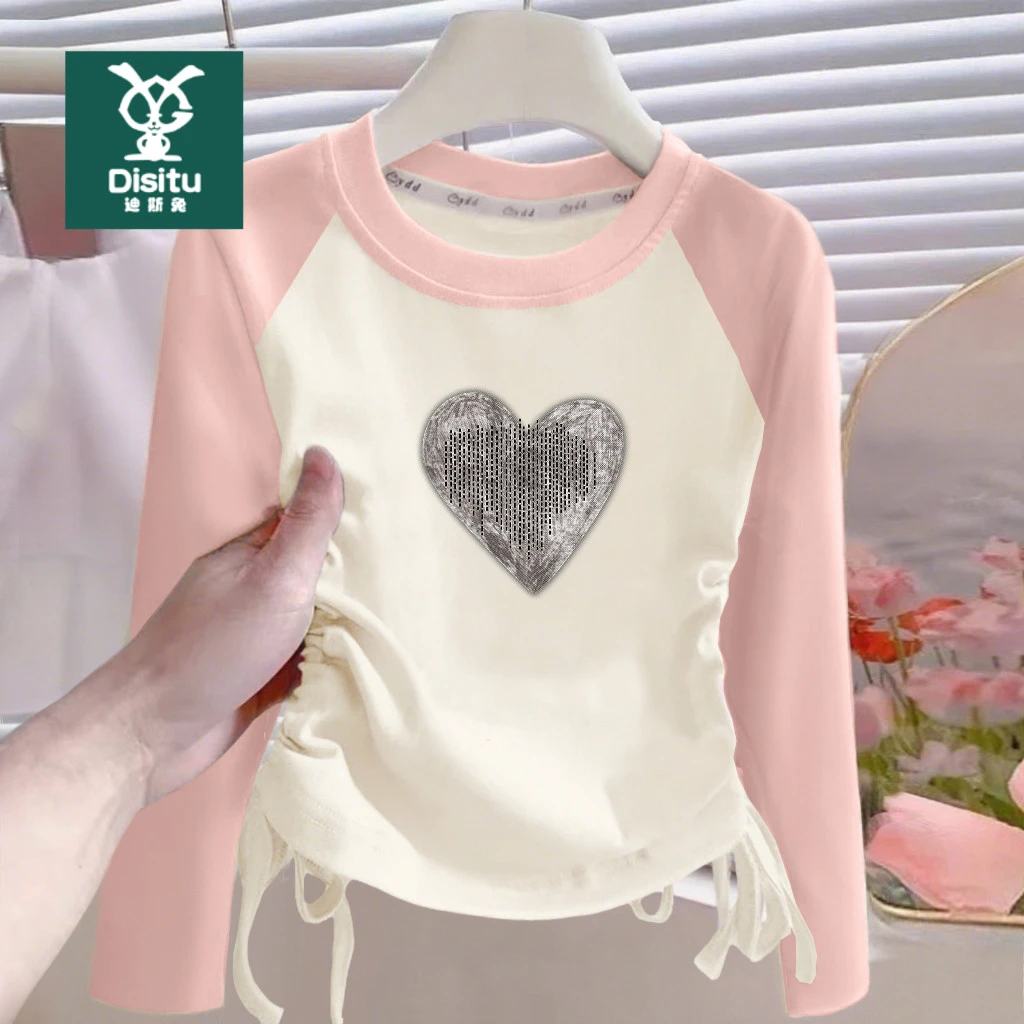DISITU/迪斯兔撞色女童长袖t恤中大童设计感女孩百搭学院风上衣潮