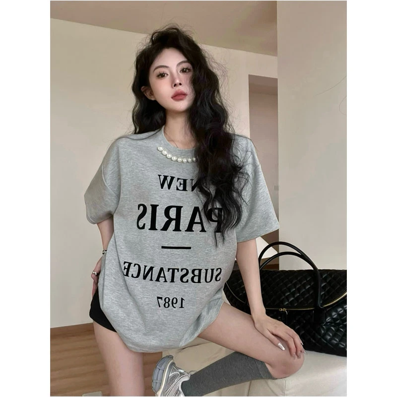 【全糖芭莉】复古减龄字母植绒印花珍珠宽松中长款短袖T恤